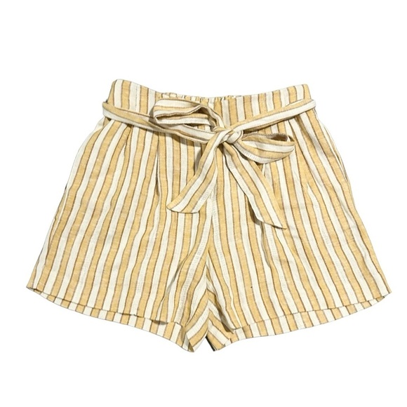 DREW Pants - Drew Mustard Ivory Stripe Linen Blend Belted Tie Waist High Rise Shorts S NWT